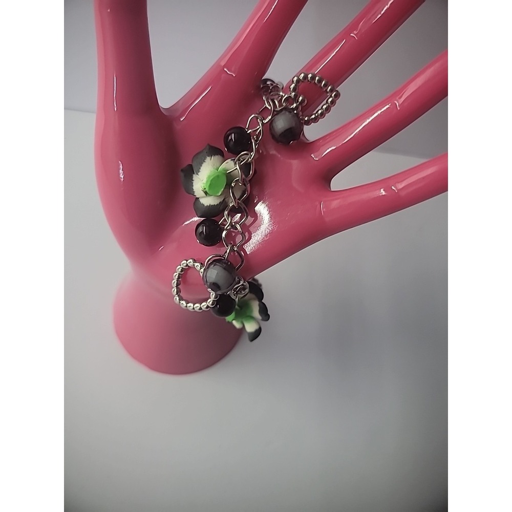 Vintage Bracelet Chain Drop Dangle Flowers Beaded Black Hearts Charm Jewelry - Picture 9 of 10